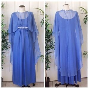 Vintage Mister Joy Blue Hollywood Regency Flowy Elegant Chiffon Maxi Dress